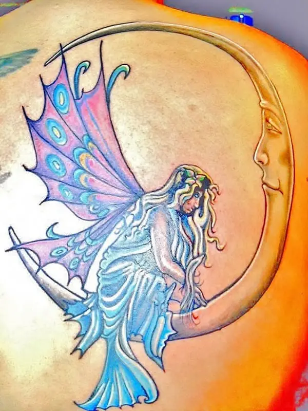 Cool Fairy On Half Moon Tattoo Design For Shoulder