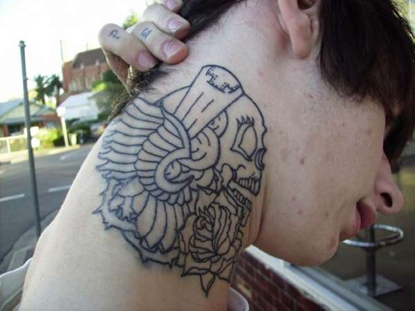 Skull Neck Tattoo by Black 13 Tattoo