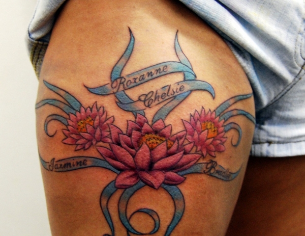 Lotus And Names Tattoo