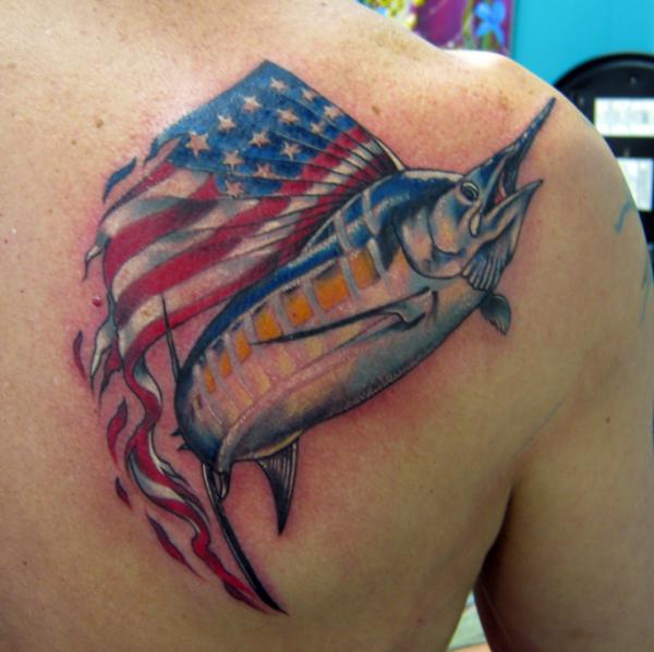 American Flag And Fish Tattoo