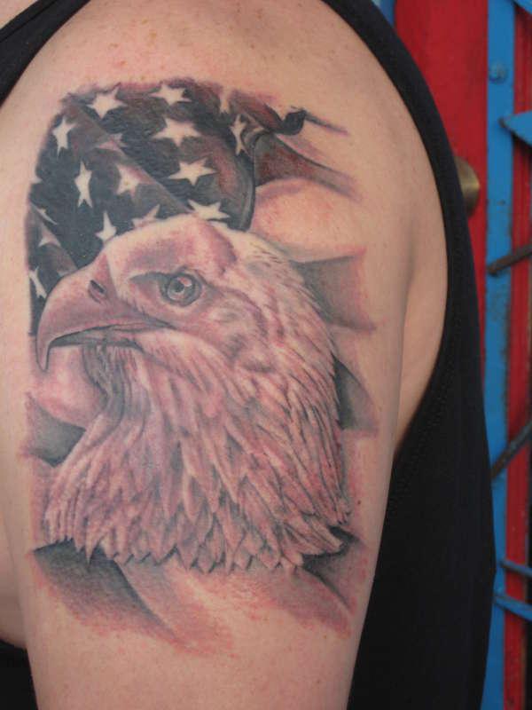 Sketch Of Eagle And American Flag Tattoo