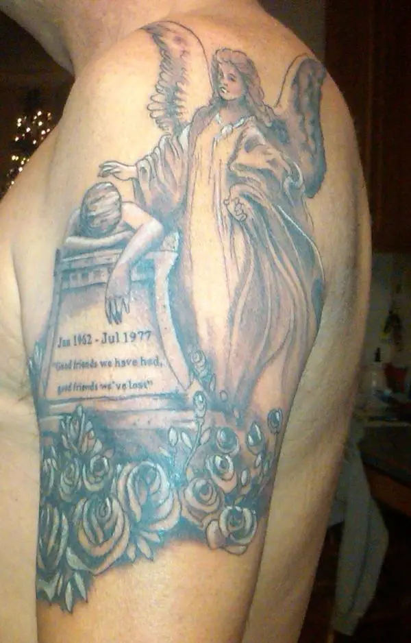 Angel And Stone Memorial Tattoo