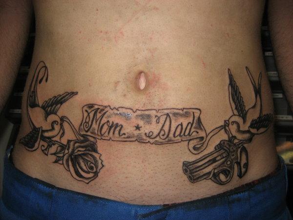 Mom And Dad Banner Tattoo On Belly