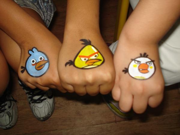 Tattoo uploaded by Laurent Lajeunesse  Angry birds tattoo 3 different  emotions Father and his 3 kids angry surprised tired angrybirds  angrybird coloured colored cartoon cartoonish newschool  newschoolcartoon newschooler newschoolart 