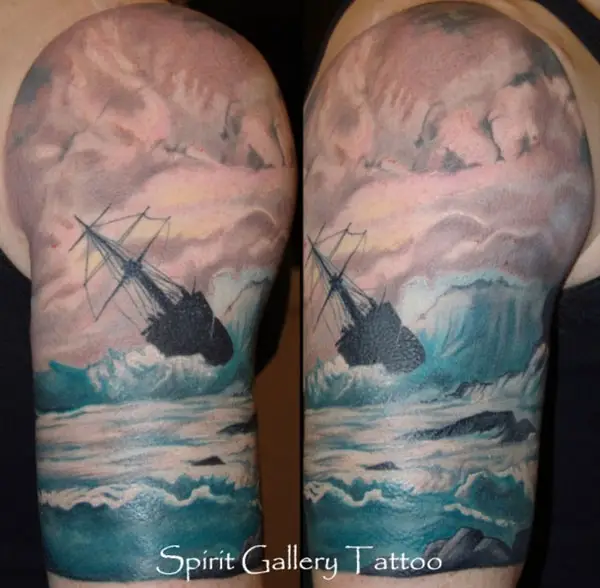 Ship Tattoo On Biceps