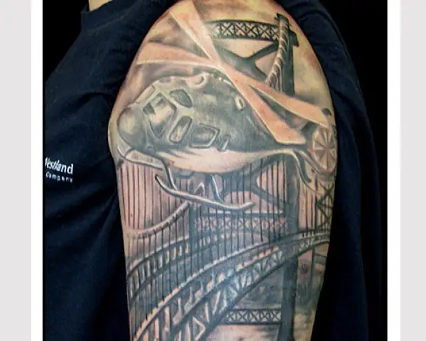 Helicopter Tattoo With Bridge Background