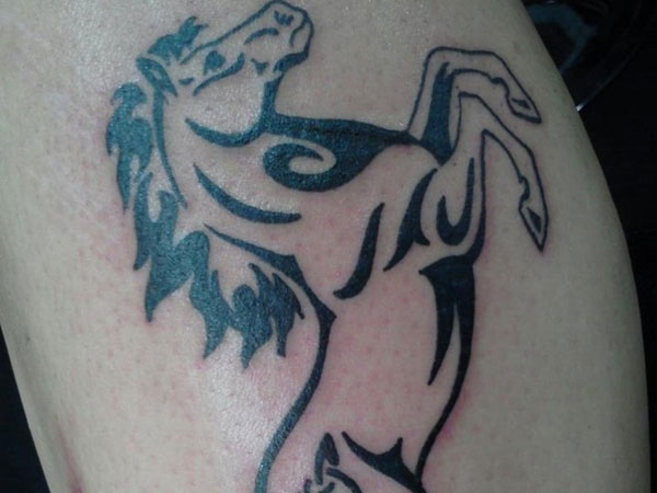 Large horse tattoo on leg by jasminasusak  Horse tattoo Stallion tattoo  Horse tattoo design