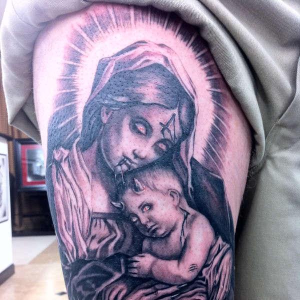 3D Rosary Cross In Saint Mary Hand Tattoo On Forearm