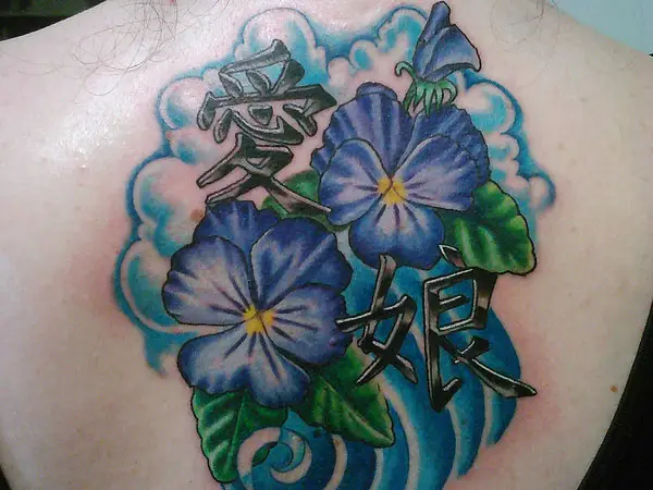 Violet Flowers And Kanji Tattoo