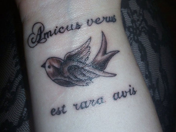 Sparrow With Latin Text Tattoo