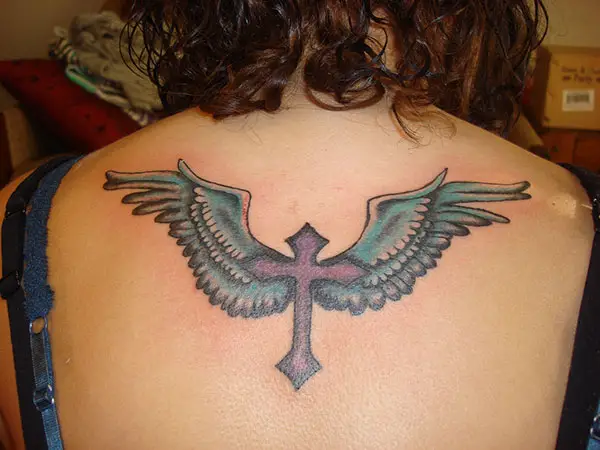 Blue Wings Cross Tattoo