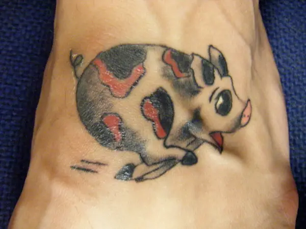 Pig Head And Rooster Head Tattoos On Feet