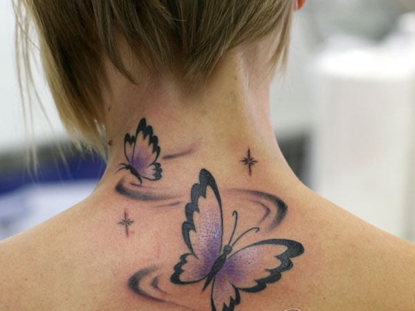 Amazing Colorful Butterfly Tattoo On Girl Neck