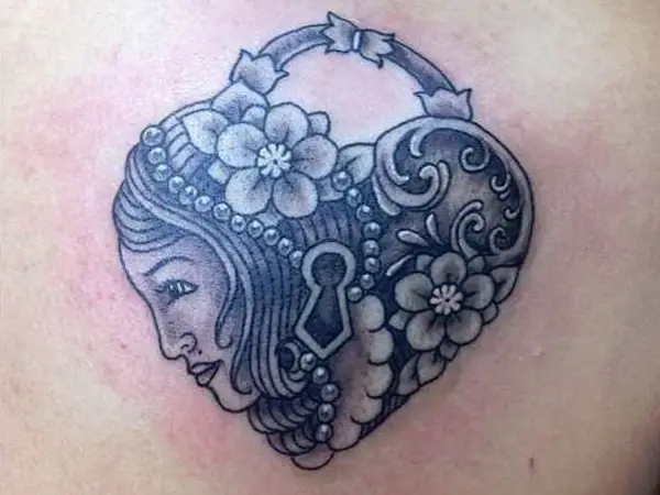 Metallic Woman Heart Locket Tattoo