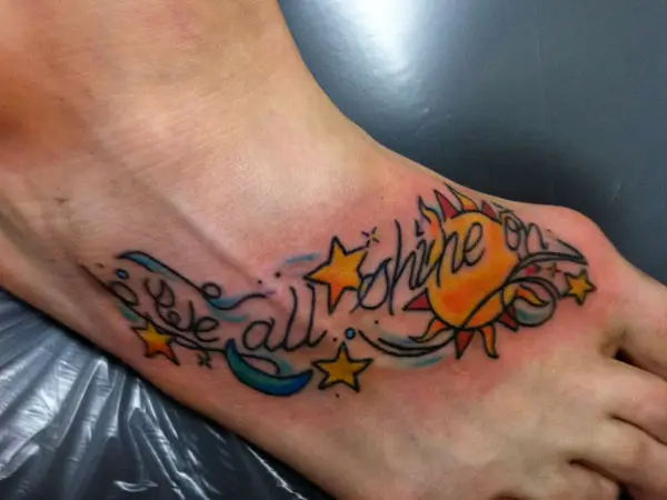 Female Colorful Foot Text Tattoo Design