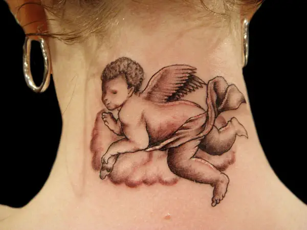 Tattoo uploaded by Stacie Mayer • Angel neck tattoo by Harley Kirkwood.  #portrait #realism #blackandgrey #HarleyKirkwood #angel • Tattoodo