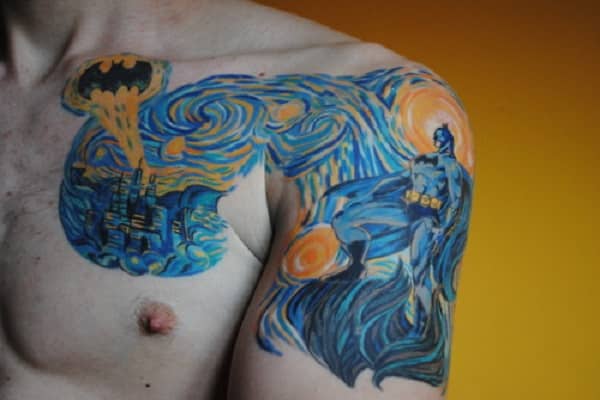 Abstract Batman Chest Tattoo and Half Arm Sleeve