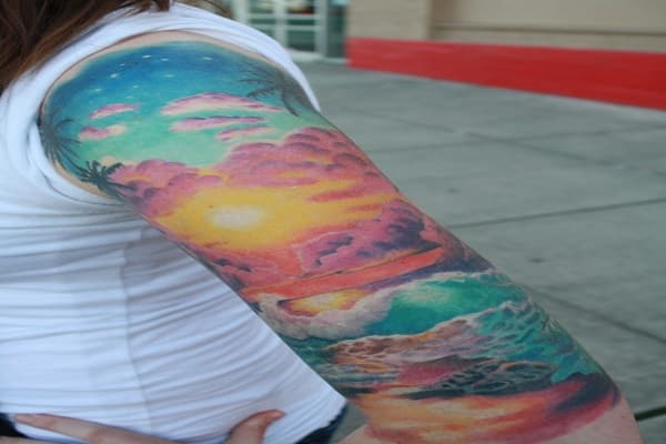 Sunsetspace sleeve in progress by Sean Belida at White Light Tattoo in  Bend OR  rtattoos