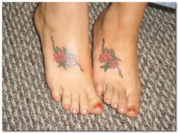 Matching Small Pink Flowers and Leaves Tattoos