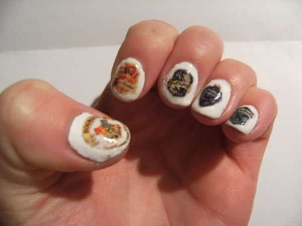 White Nails with Harry Potter House Shield Decals