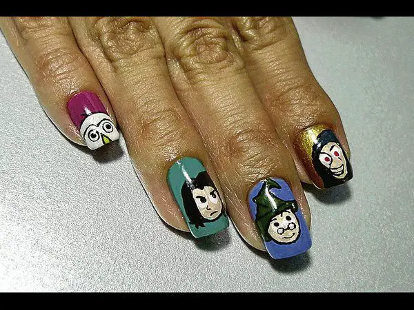 Cartoon Harry Potter Characters on Blue, Green, Purple and Gold Nails