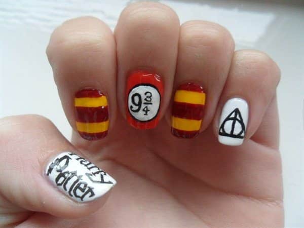 Harry Potter Nail Designs with Train Platform and The Deadly Hallows Symbol