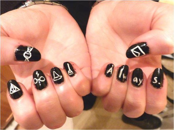 Black Harry Potter Nails with Harry Potter Symbols