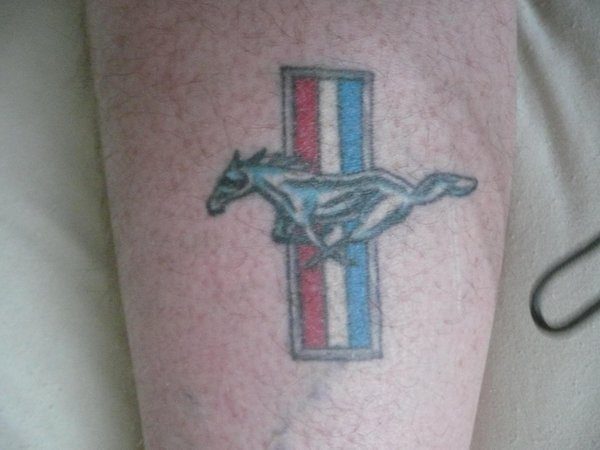 Silver Mustang with Red White and Blue Square Tattoo