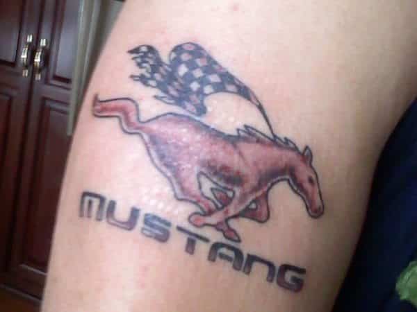 Red Mustang with a Finish Line Flag Tattoo