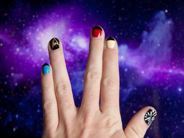 Star Trek Uniform Nails with Black Tips, Starburst, and Insignia