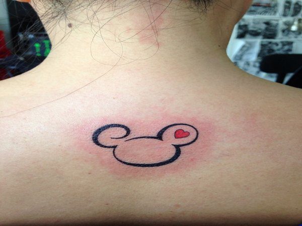 Mickey Mouse Outline Tattoo with Single Red Heart