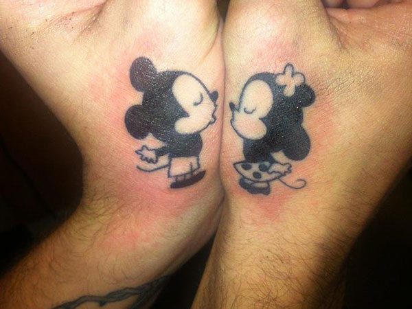 Baby Mickey and Minnie Mouse Kissing Tattoos
