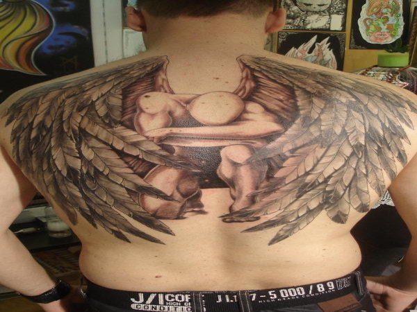 Sad Angel with Expanded Wings Back Tattoo