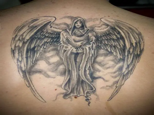Hooden Angel Back Tattoo