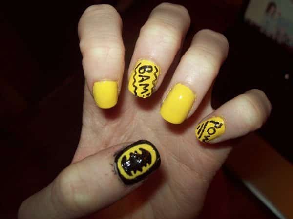 Yellow Nails with Words Bam and Pow Plus Black Nail with Yellow and Black Batman Symbol