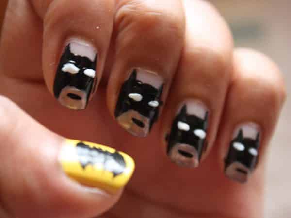 Plain Nails with Batman Head and Yellow Thumbnail with Black Batman Symbol