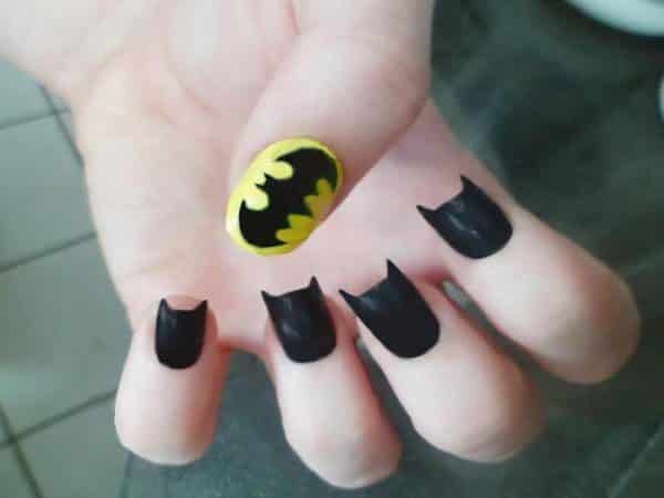 Black Batman Cowl Shaped Nails with Yellow Thumbnail and Batman Symbol