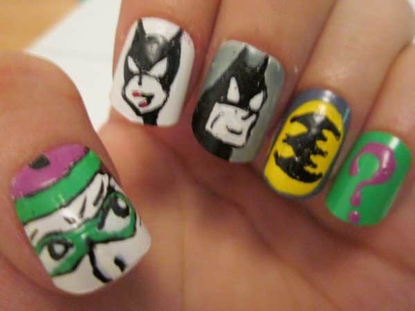 Batman, Cat Woman, Riddler, and Riddler Symbol Nails