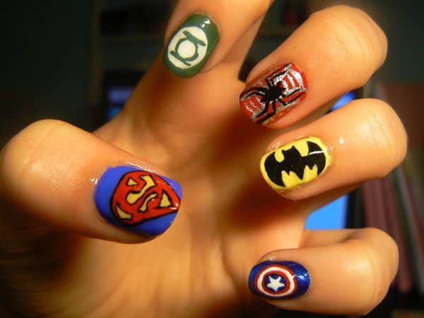 Green Lantern, Spider-Man, Batman, Superman, and Captain America Nails