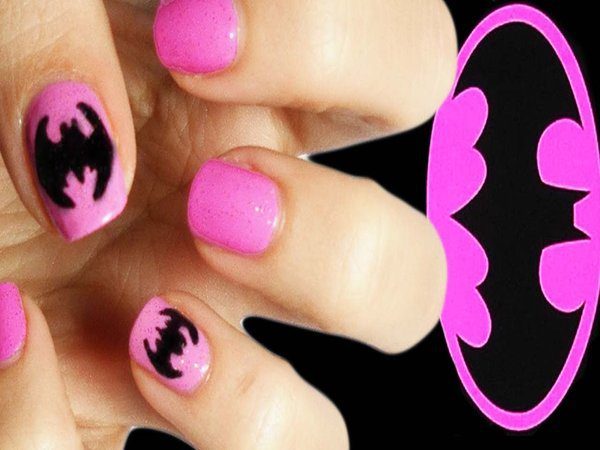 Pink Glitter Nails with Batman Symbols