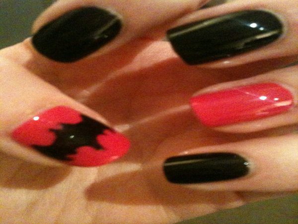 Black and Red Nails with Batman Symbol