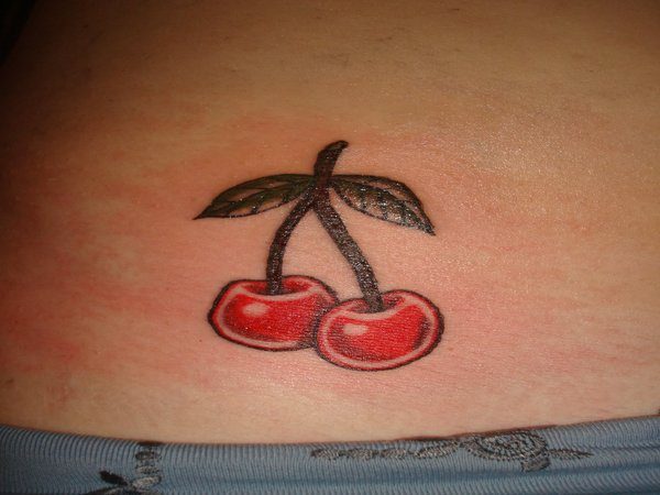 Shiny Cherries with Leaves Stomach Tattoo