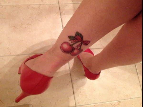 Cherries and a Bow Lower Leg Tattoo