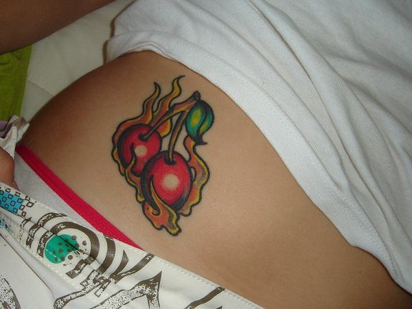 Flaming Cherries Hip Tattoo