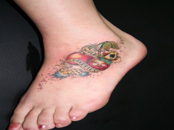 Wild Cherries with Banner Foot Tattoo