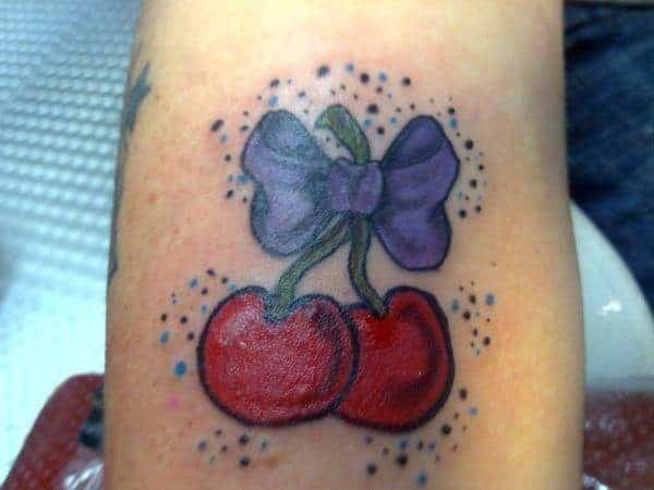 2-D Cherries with Purple Bow and Purple Dots