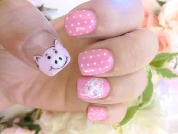 Light Pink Nails with Polka Dots, One Heart and One Piggy Nails