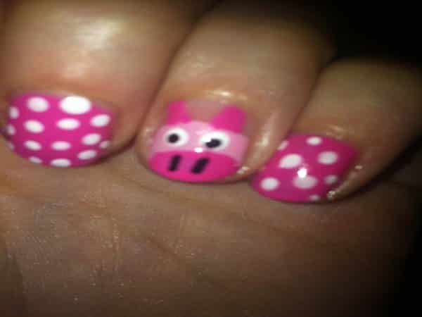 Robust Pink Nails with White Polka Dots and Pink Piggy