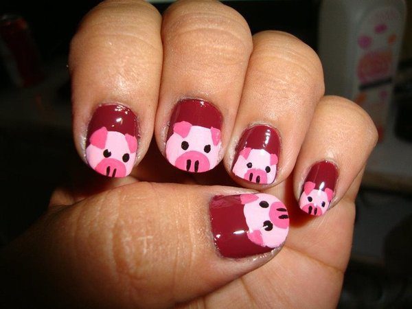 Maroon Pink Piggy Nails