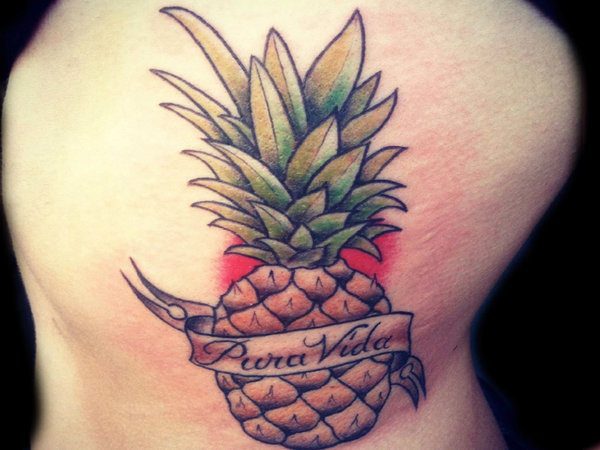 Colored Pineapple with Red Coloring and Pura Vida Words on Banner